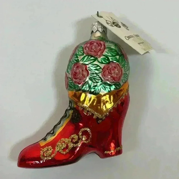 Vintage Christinas World Cowboy Boot Glass Christmas Ornament Red Roses - Picture 2 of 6